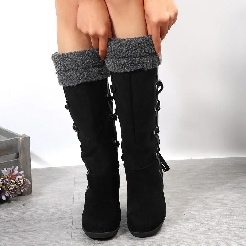 Bottes Mi-Mollet Européennes Américaines pour Femmes 2024 Hiver Nouveau Design à Lacets pour la Chaleur Bottes à Talon Compensé Bottes pour Femmes Bottes De Mujer