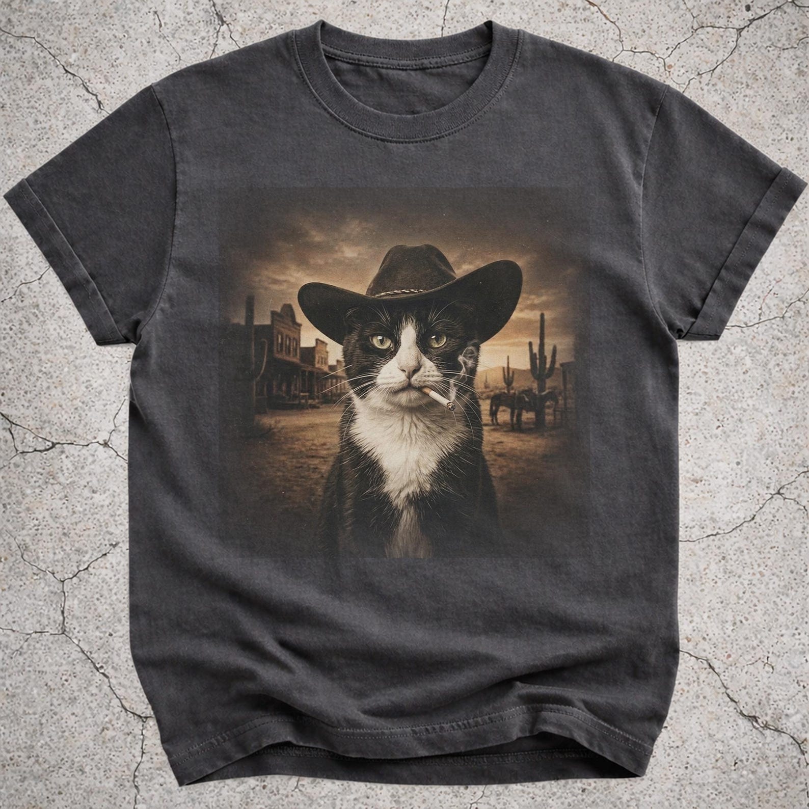 Tuxedo Cat Cowboy Shirt, Western Cat Meme Tee, Funny Cowboy Cat Gift, Cat Lover Shirt, Black White Cat Tee M