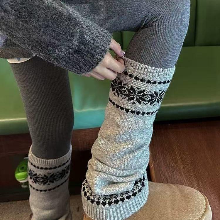Fair Isle Schneeflockenmuster Gestrickte Beinwärmer Sockenaufsätze Gestrickte Stiefelstulpen Kaltwetter Modeaccessoire