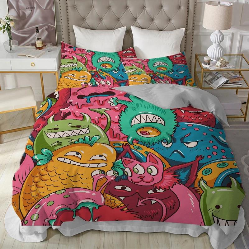 Copripiumino Mostro Cartone Animato Misura King Queen Set Letto Animali Adorabili Divertenti per Bambini Ragazzi Ragazze Anime Poliestere Copripiumino
