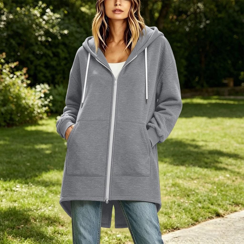 Women's Long Zip Up Hoodie Jacket Loose Fit Casual Outerwear with Pockets Lightweight Hooded Coat for Everyday Wear