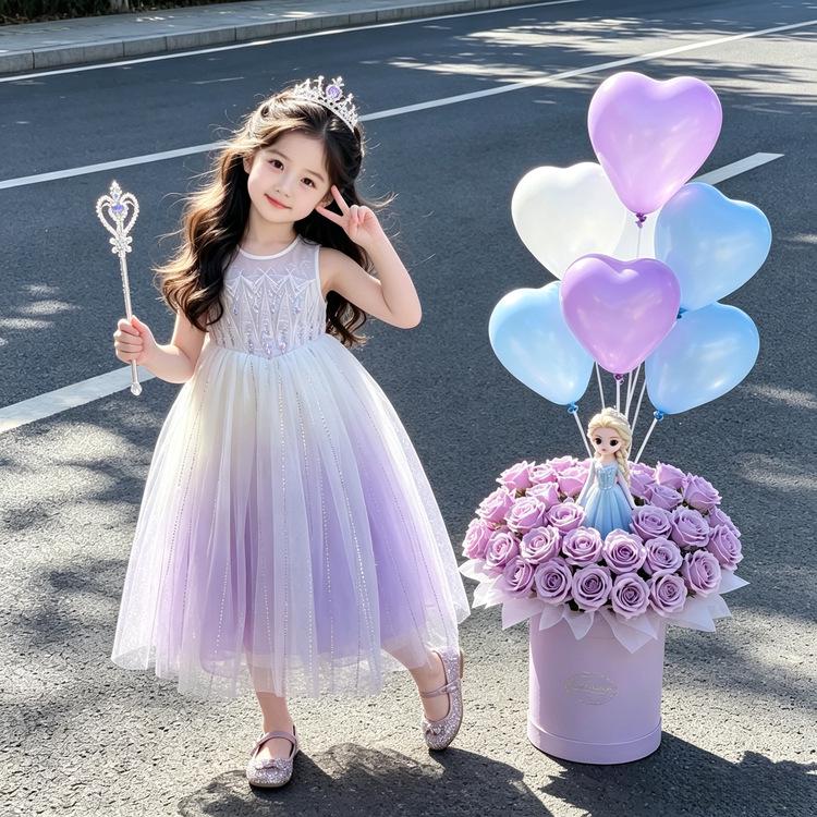 2026 Elsa Princess Dress for Girls - Gradient Ice Blue Rhinestone Cape - Perfect for Performances & Birthday Parties