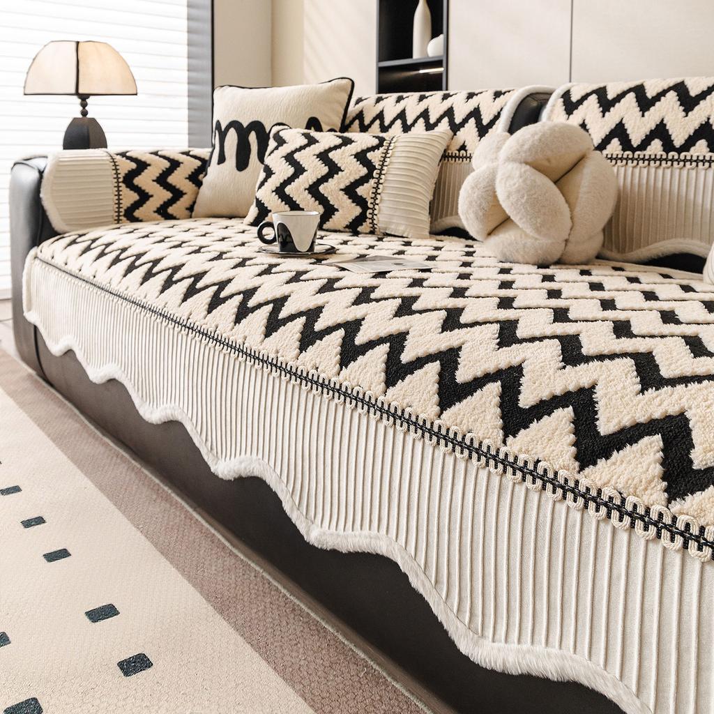 Black White Luxury High-End Sofa Cover  New Thick Plush Leather Sofa Cushion Cover Anti Slip Wear-Resistant Warm Sofa Cover