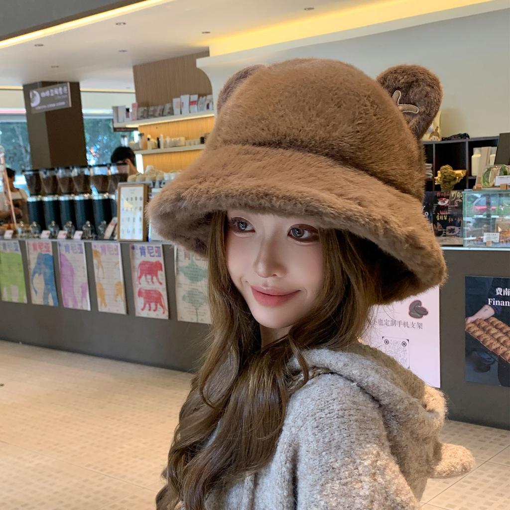 Cute Plush Ears Bucket Hat Women Winter Warm Faux Fur Basin Hat Fashion Casual Outdoor Fisherman Cap