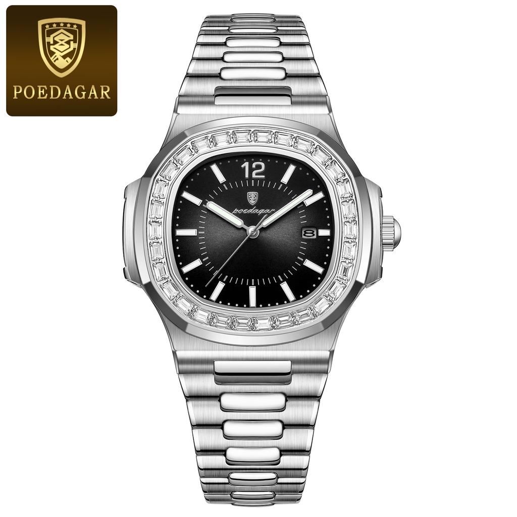POEDAGAR Luxury Man Quartz Watch Square Watch for Men Waterproof Luminous Date Stainless Steel Watches Sports Clock reloj