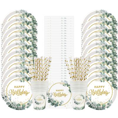 1 Satz Eukalyptus Alles Gute zum Geburtstag Einweggeschirr Pappteller Becher Servietten Grünes Blatt Geburtstagsfeier Dekoration Zubehör