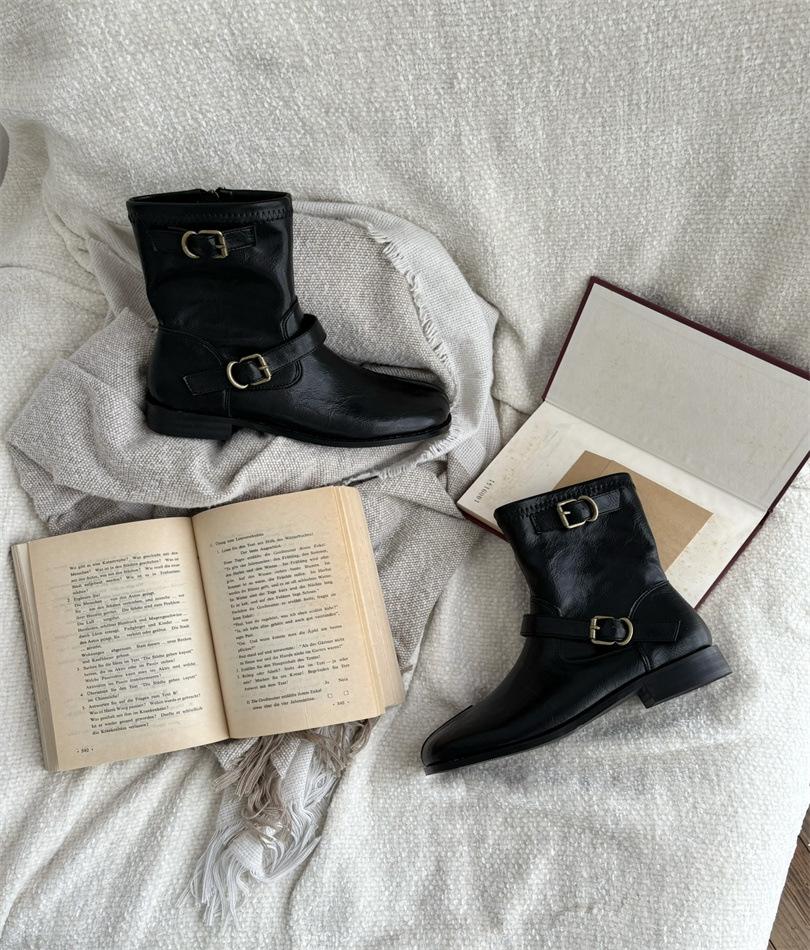 Autumn new mid-tube one-word split-toe western boots women's short boots genuine leather Korean version versatile Martin boots