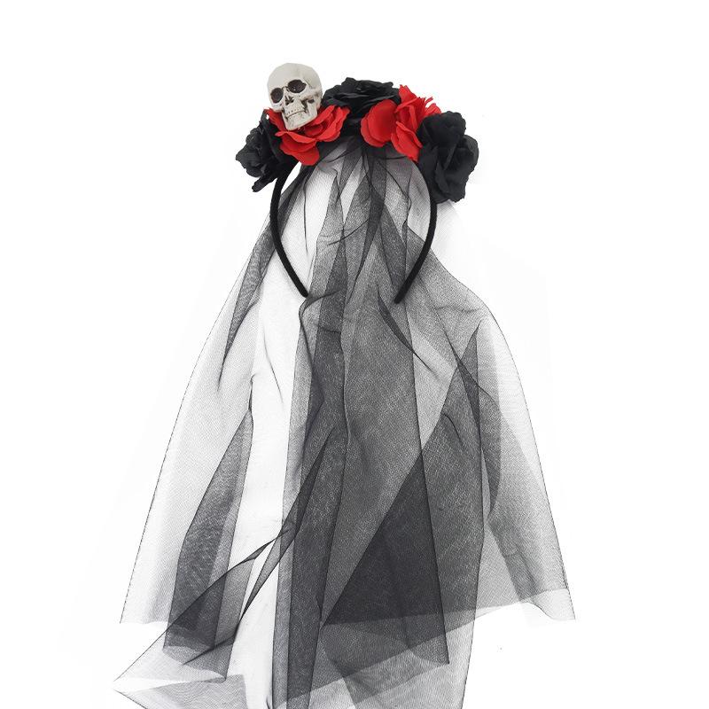 Gothic Black Lace Rose Floral Headband Halloween Skull Flower Headpiece Day of the Dead Hair Accessories