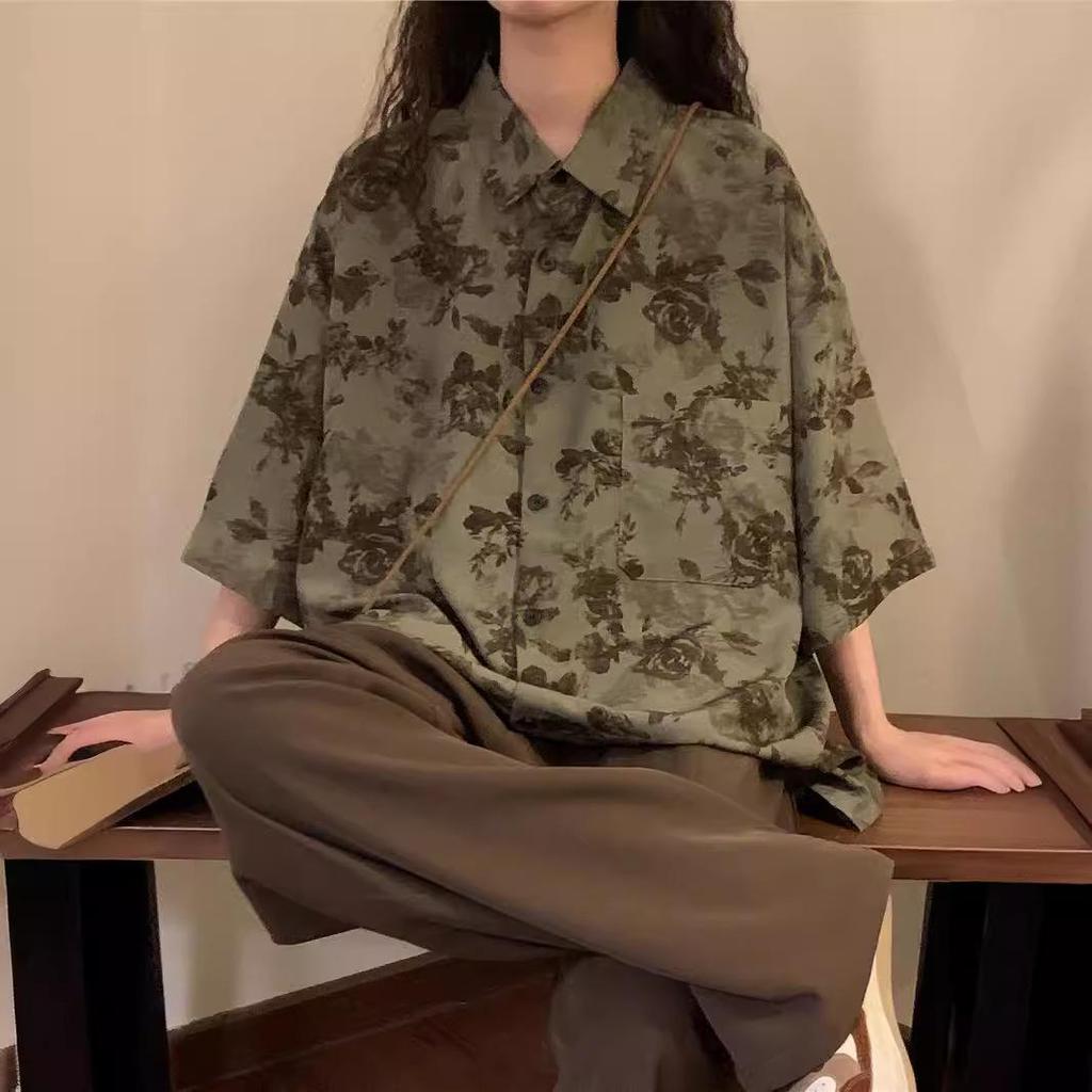 Vintage Japanese Retro Hong Kong Style Floral Short-Sleeve Shirt - Unisex Loose Casual Design