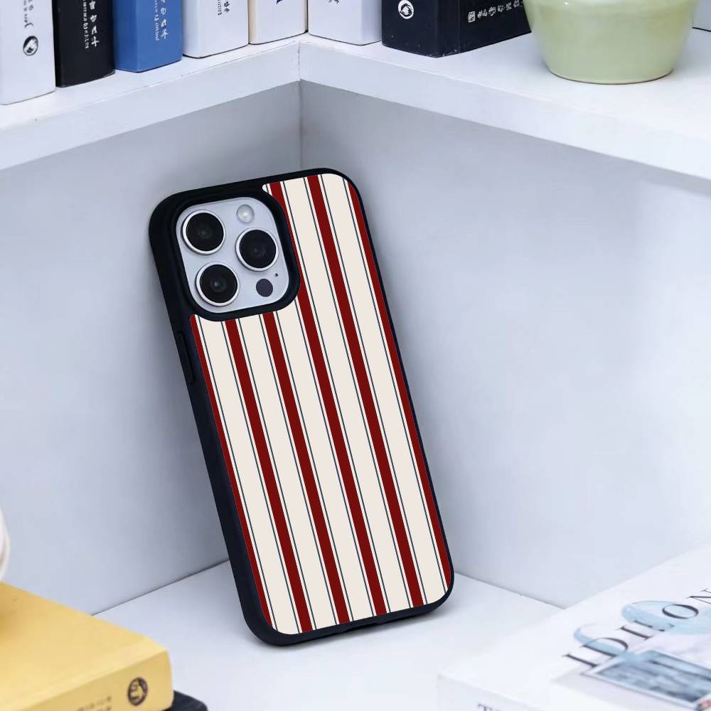 Burgundy White Stripe Phone Case For iPhone17,16,15,14,13 Plus,Pro Max Magnetic For Magsafe Wireless Charging