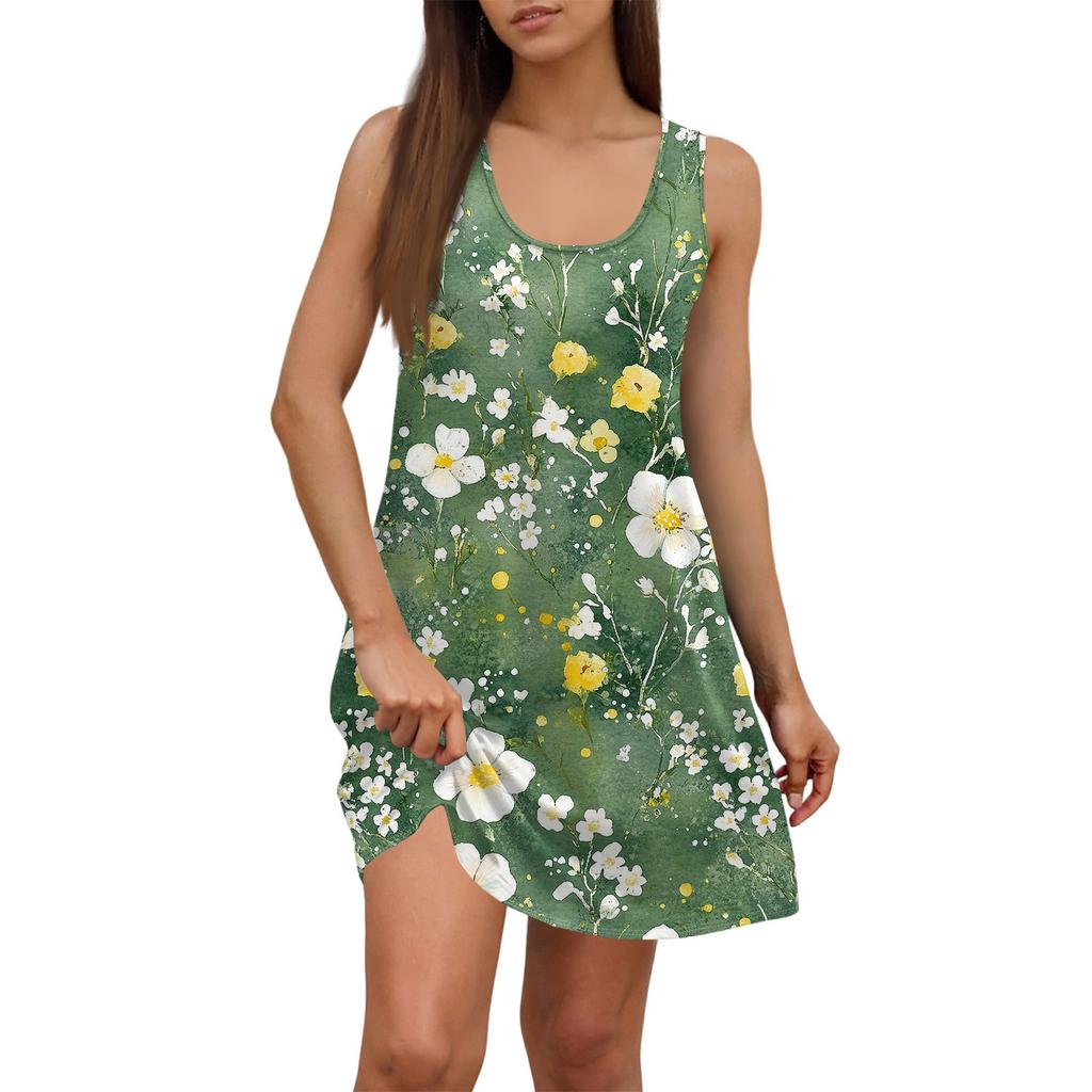 Damen Sommerkleid, lässig, quadratischer Ausschnitt, Blumendruck, ärmellos, mit Taschen