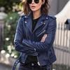 Noora Marineblaue Motorrad-Biker-Lederjacke für Damen mit Reißverschluss, Tasche und Gürteljacke