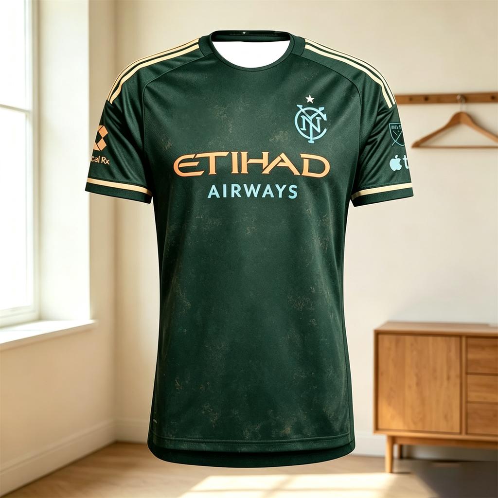 Unisex Černý venkovní fotbalový dres NYCFC s potiskem Etihad Airways Rychleschnoucí Krátký rukáv Kulatý výstřih Fotbalový fanoušek Tréninkové Sportovní trička