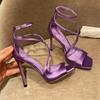 Fashion Luxury Satin Designer Women Pumps Sexy Cross Strap Square Toe Heeled Sandals Elegant Purple Thin High Heels Party Dress Shoes