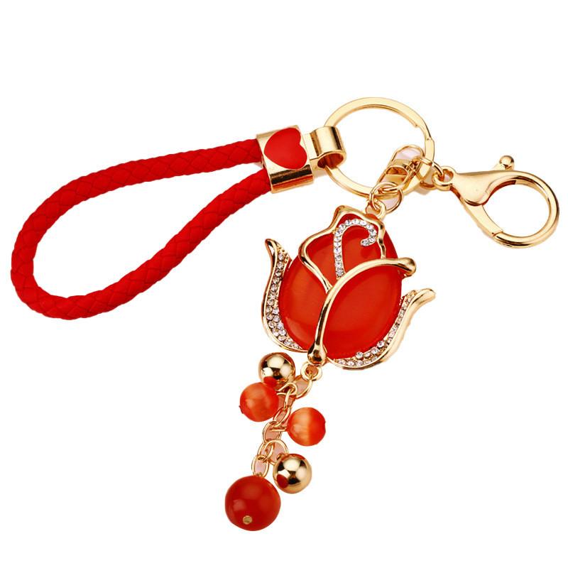 Charming Water Drill Moonstone Tulip Car Keychain For Women With Floral Design