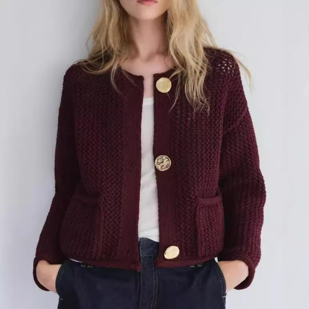 

Solid Burgundy Oversize Woman Single Breasted Sweater Ladies Hollow Out V-neck Long Sleeve Pocket Female Knitted Long Sweater S бордовый