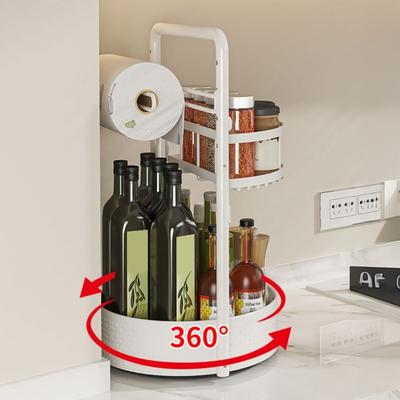 Rotating Spice Rack with Built-in Paper Towel Holder 360 Degree Double-Layer Adjustable Height Organizer Metal Kitchen Storage Rack