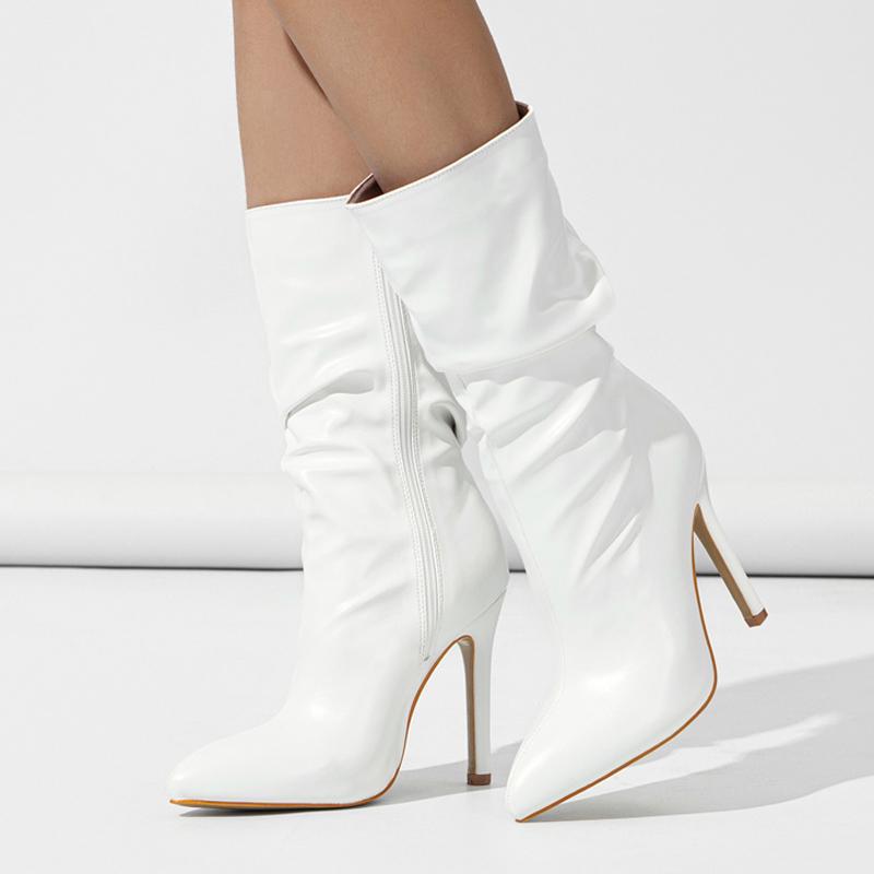 High Quality Solid Black Pleated Leather Boots For Women Sexy Pointed Toe Party Nightclub Stripper Heels Zip Booties Shoes