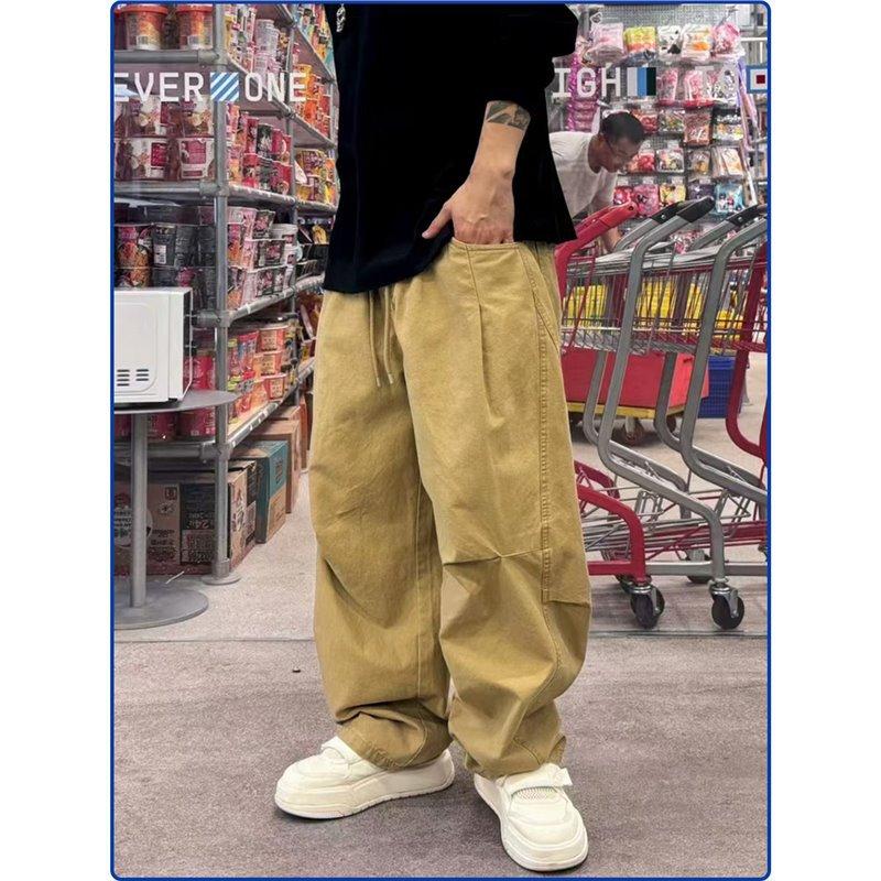 Spring and Autumn Retro Men's Clothing Street Casual Versatile Loose Cotton Straight Solid Color Loose Pants Casual Pants
