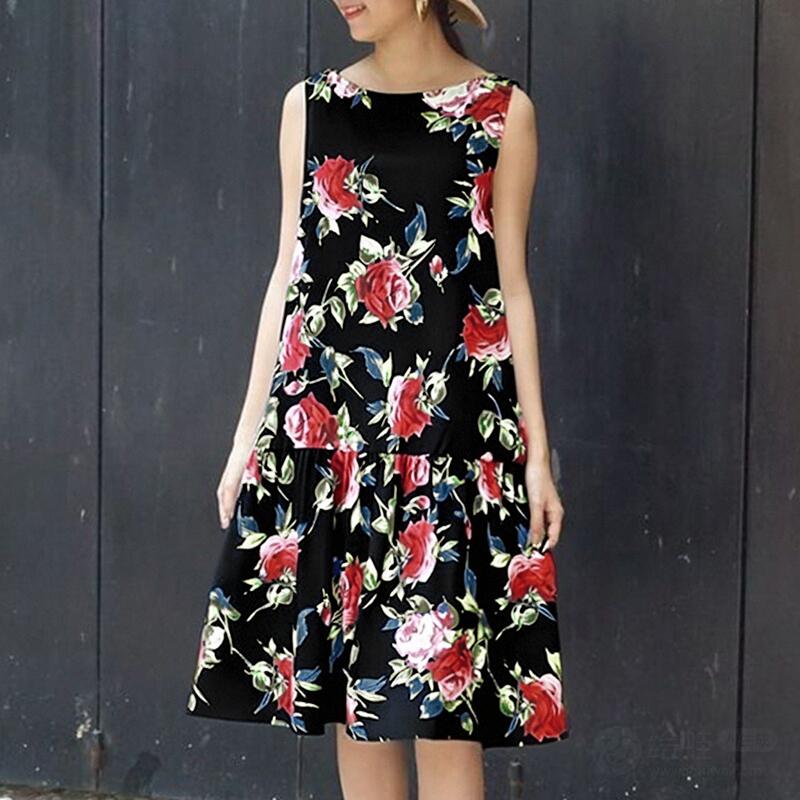 

ZANZEA Женское повседневное летнее платье без рукавов с круглым вырезом и цветочным принтом 5XL чёрный