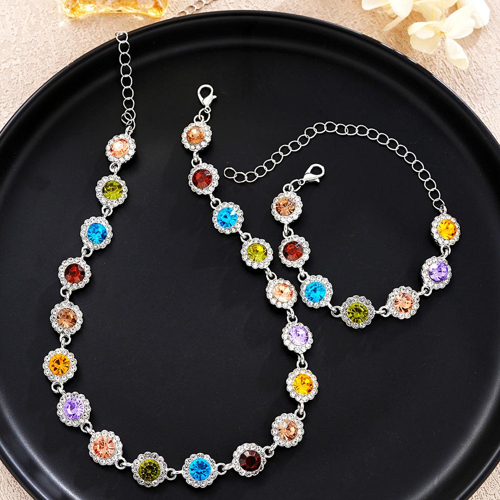 New European Women Jewelry Set, Colorful Cubic Zirconia Bracelet & Necklace, High-end Fashion Matching Ornaments