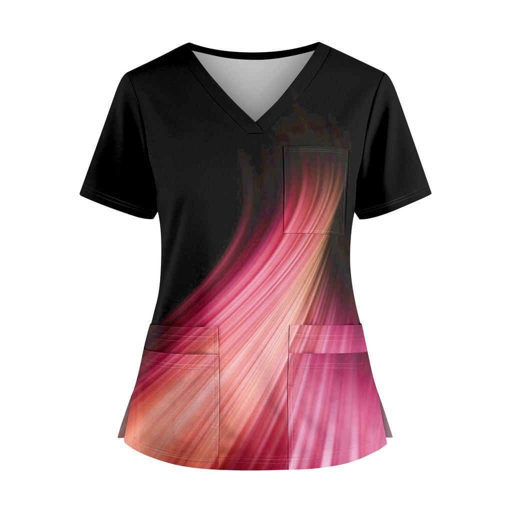 Plus SizePrinted Scrub Working Uniform Tops For Women's Cross V-Neck Halloween Print Short Sleeve Fun T-Shirts Workwear Tee With Pockets