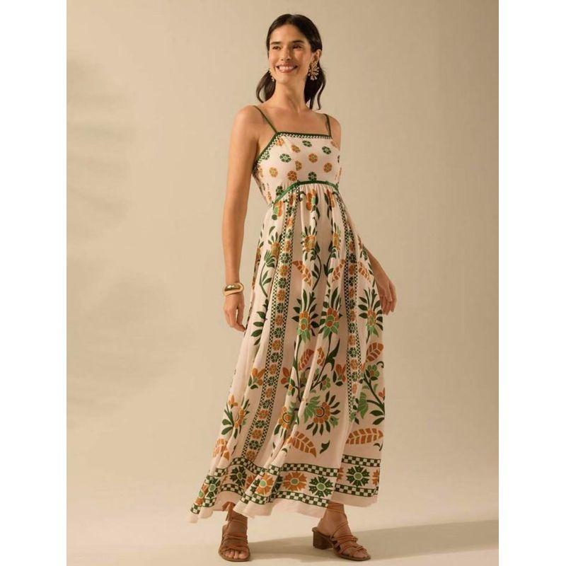 Printed Dress 2025 European and American Summer New Vacation Foreign Trade Women clothes Flowers Print Sling Dress