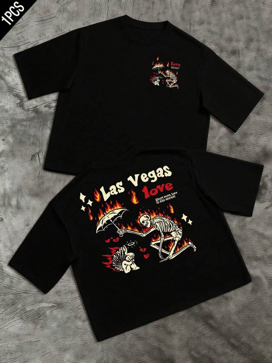 Men s Vintage Skeleton Love Flames Double Sided T Shirt Streetwear Men Clothes Las Vegas Letter S разноцветный