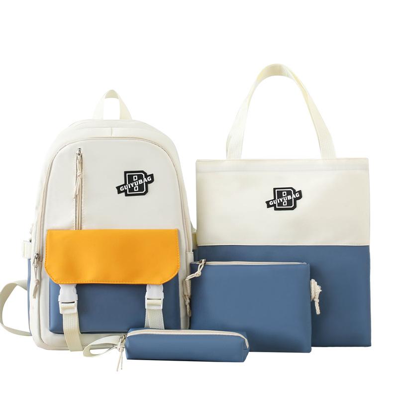 New Simple Four-piece School Bag Female Student Campus Backpack Simple Large Capacity Contrasting Color Backpack