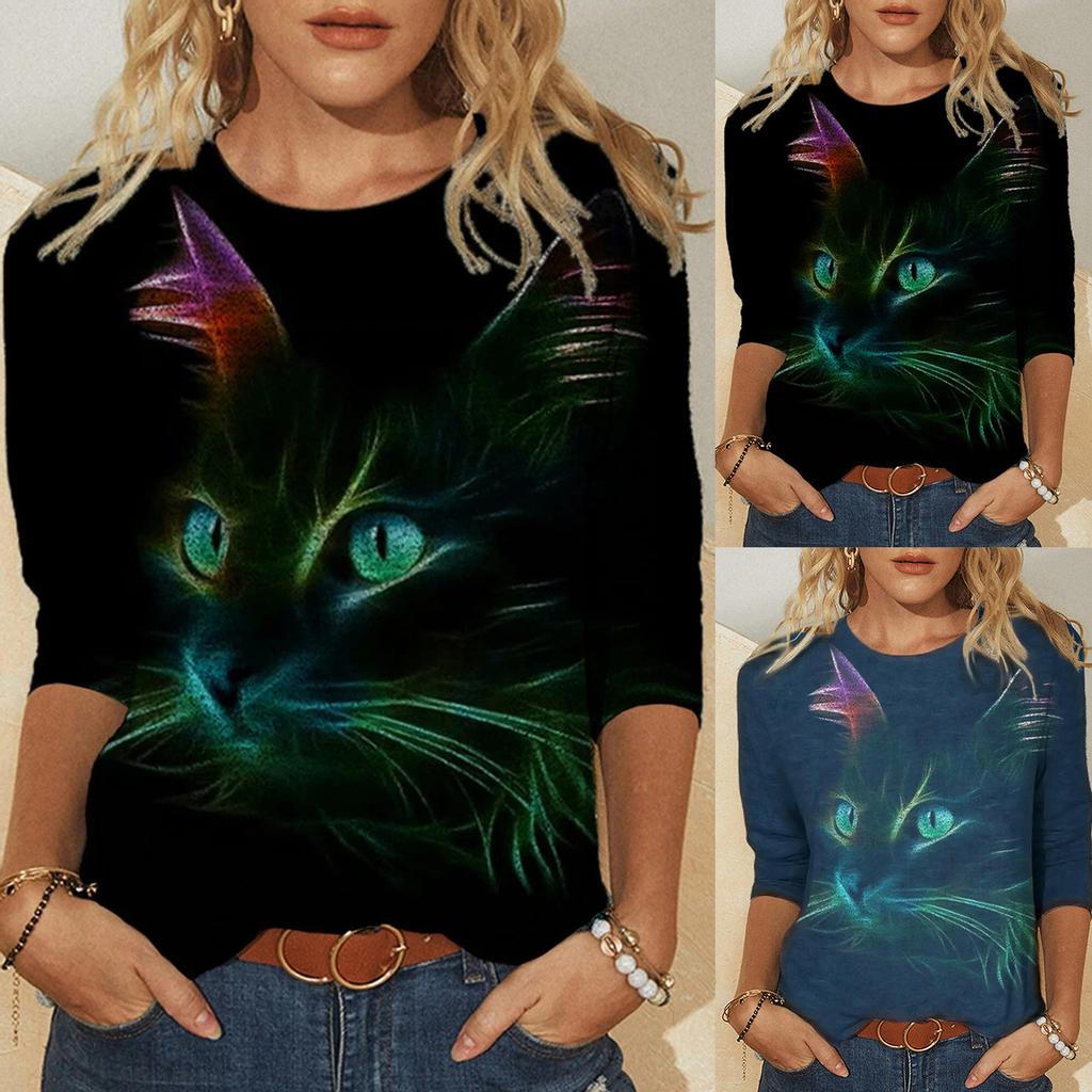 Women Casual Long Sleeve Cat printing  Shirt Blouse Top