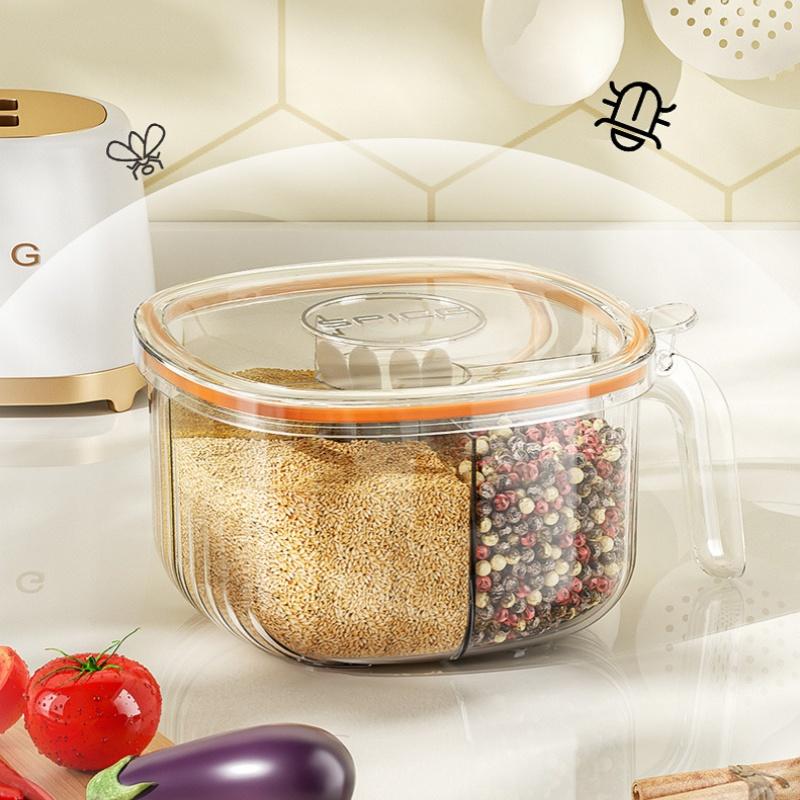 4-compartment Plastic Seasoning Box with Lid Equipped with Spoon Seal Moisture-proof Salt Pepper Spice Storage Kitchen Tools