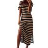 Women's Striped Side Slit Midi Dress V Neck Short Sleeve Casual Holiday Loose Dress