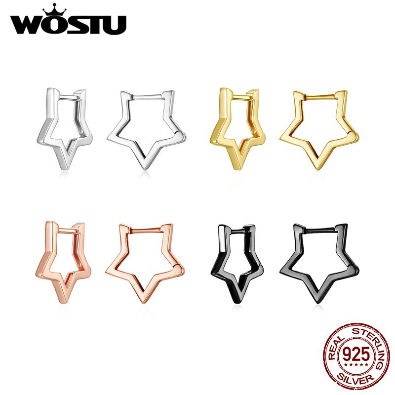 WOSTU 925 Silver Simple Star Hoop Earrings For Women Black Gold Statement Geometric Hollow Ear Buckle Minimalism Party