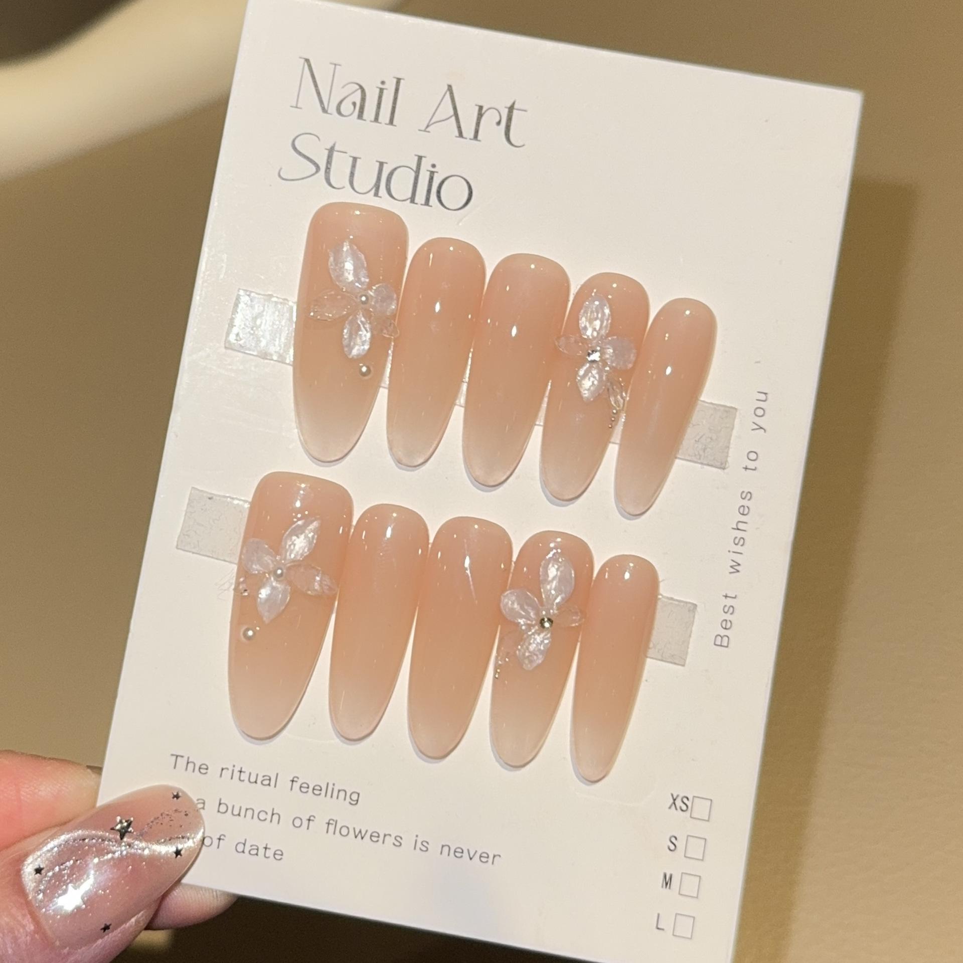 ins engraved high-end medium and long pure hand-worn nail temperament whitening boutique nail art fake nail patch XS