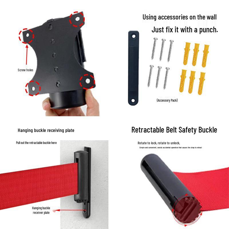 Wall-Mounted Stainless Steel Retractable Queue Barrier with Railing and Warning Tape