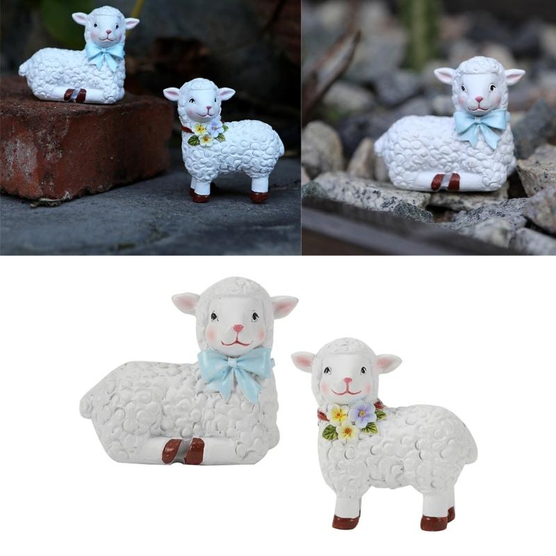 2Piece Resins Sheep Figurines Miniature Animal Ornaments for Enchanting Garden Landscape Decors and Home Desktop Display
