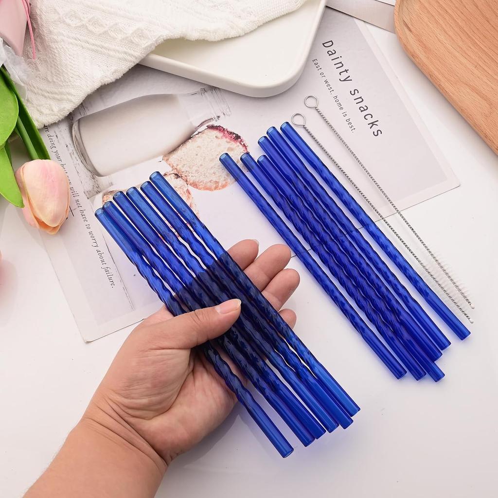 15 PCS Reusable Glass Straws, 8 Inch X 0.3" Thread Pattern Design Colored Drinking Straws, Include 12 Straight Straws, 2 Cleaning Brushes, 1 Bag