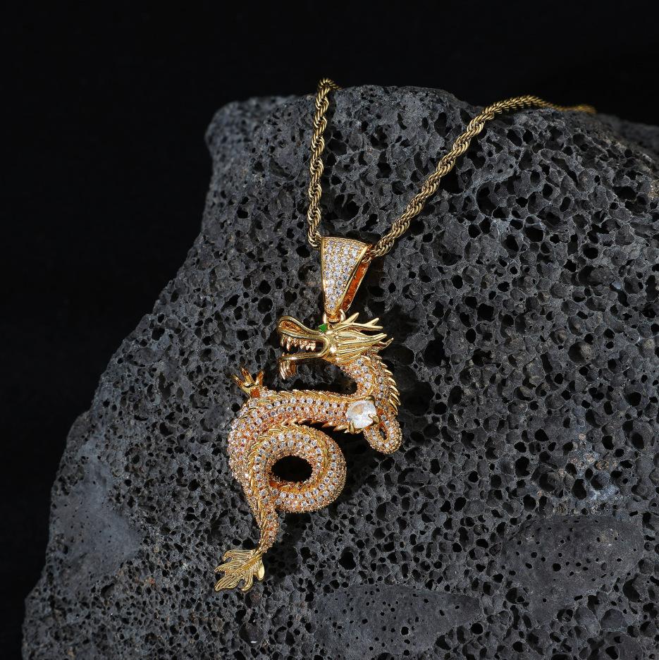 Hip Hop Zodiac Dragon Pendant Copper Inlaid Zircon Full Diamond Inlaid American High Street Men'S Twist Chain
