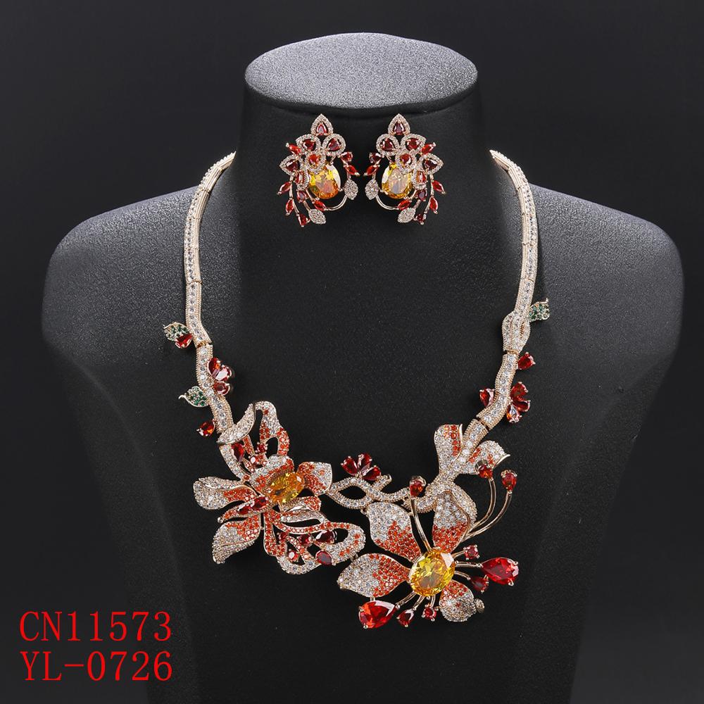 Beautiful Luxury 2 Pcs Cubic Zircon  Flower Necklace Earrings Set Women Wedding Party Jewelry Set CN11573