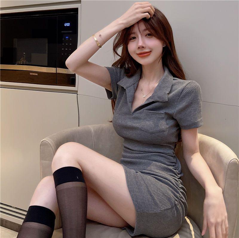 Slim-Fit Polo Collar Dress for Women, One-Piece Bodycon A-Line Skirt, 2026 Summer Trend, Solid Color.