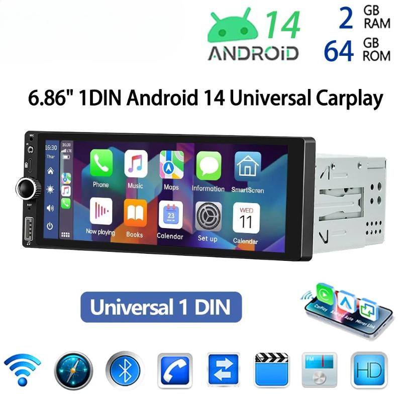 2026 New 6.86" Android 14 1 DIN 4+64G Car Stereo Radio Carplay Android Auto 1DIN GPS NAV Wifi BT RDS WIFI BT USB Type-C Universal Large screen dashcam