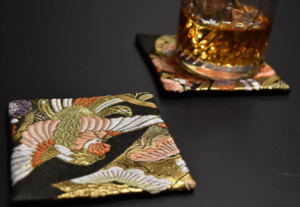 Perfect As a and Ready To Set of 5 Gold Brocade Japanese Kimono Coasters Gift! Pre-wrapped, Boxed, Give. (Asuka)