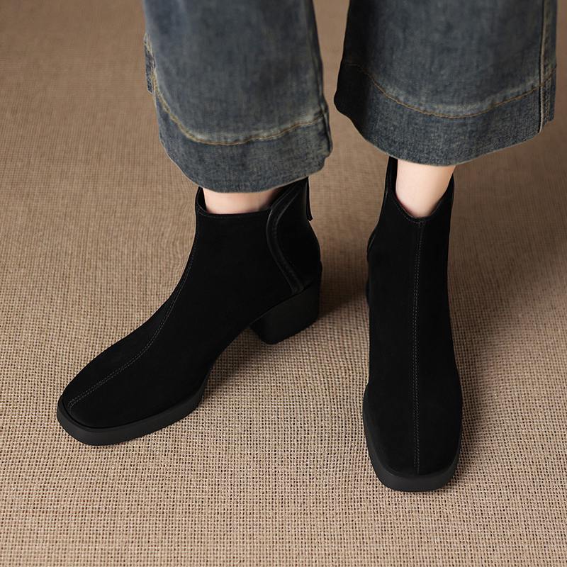 Krazing Pot Cow Suede Nubuck Winter Round Toe Modern Boots Med Heels Zipper Patch Work Women Ankle Boots