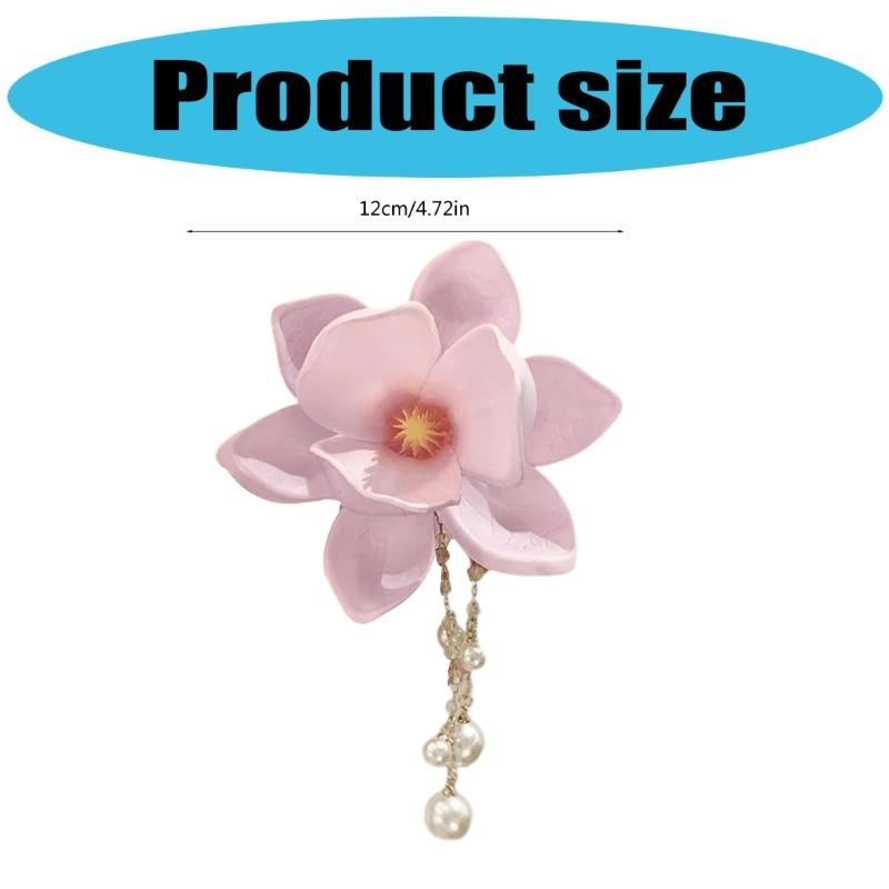 Elegant Magnolia Flower Hair Clip With Pearls Chain Fashion Resin Hair Styling Accessory For Women Girls Daily Wear