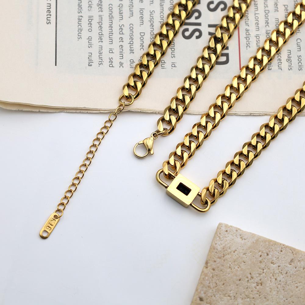 Personalized Trend Square Zircon Cuban Chain Necklace Women'S 18K Gold Titanium Steel Non-Fading Jewelry