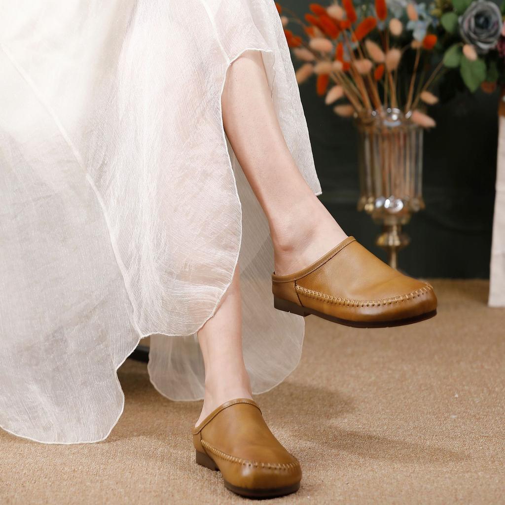 Johnature Retro Soft Soled Women's Slippers Genuine Leather Solid Color Handmade Comfortable Outdoor Slides