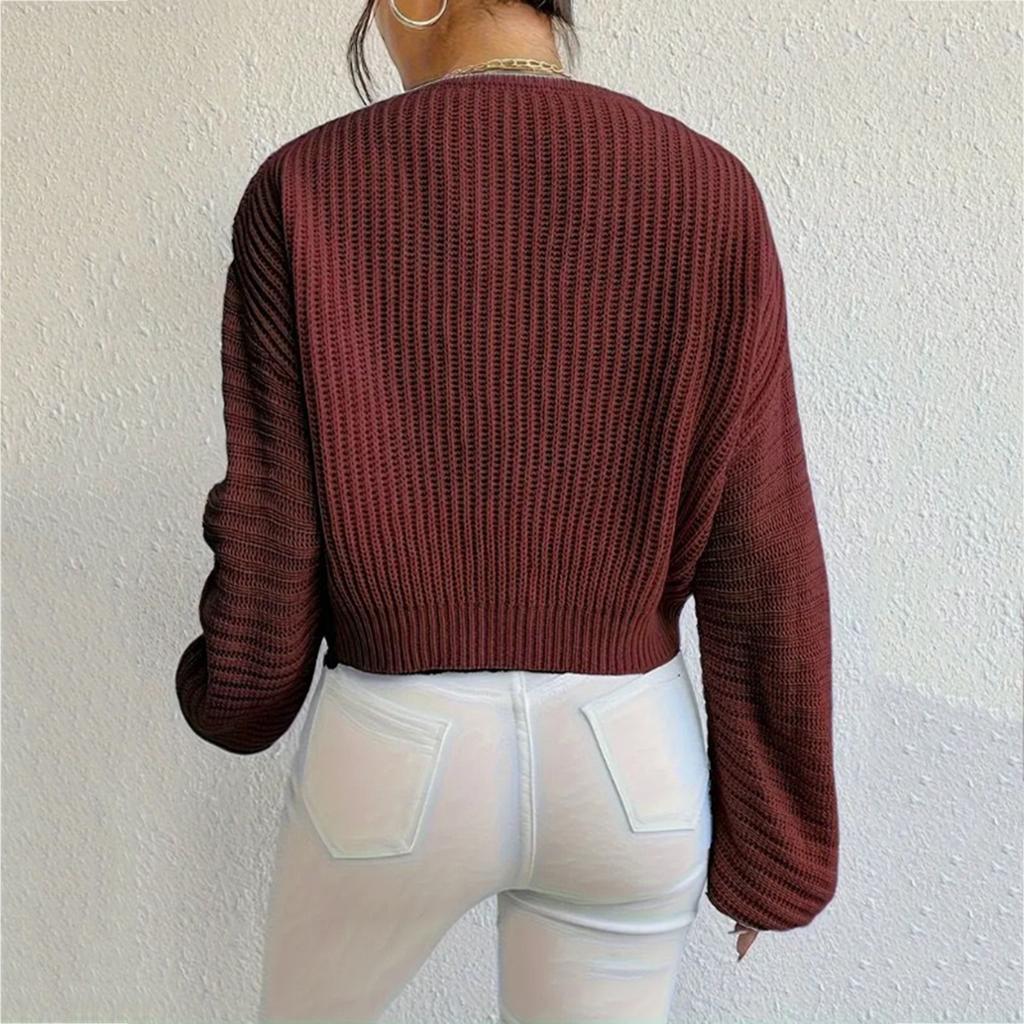 Women's Lazy Style Loose Short V-neck Lntern Long-sleeved Pullover Sweater