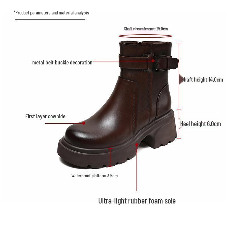 Women's Thick-Soled Leather Chelsea Boots – Autumn/Winter British Style with Round Toe and Buckle detailing.