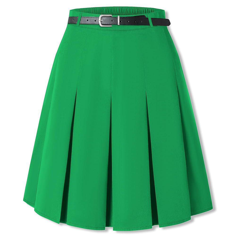 US Plus Size Women's Elegant Knee-Length Pleated Midi Skirt with Belt
