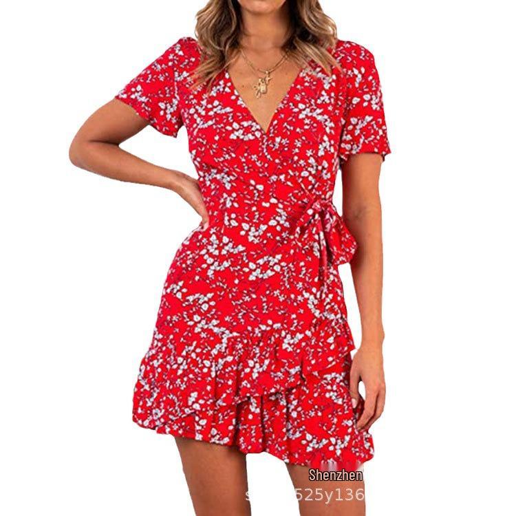 Summer Butterfly Lace Ruffled V-Neck Printed Dress
